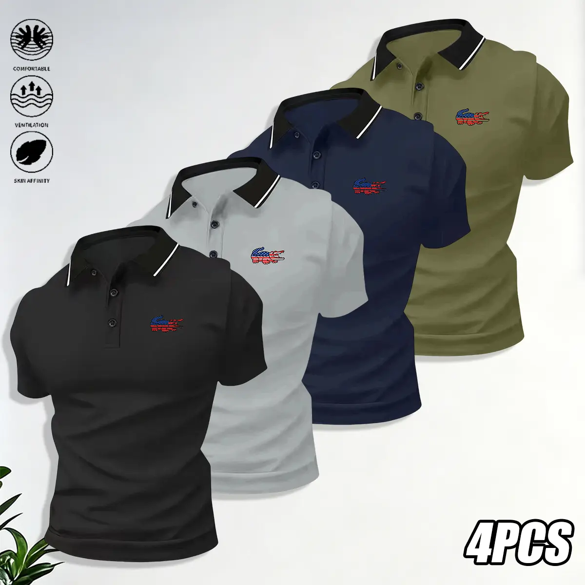 Men's 4-Pack Summer Short-Sleeve Animal Print Polo Shirts - Polyester Fabric, Casual Sports Apparel, Suitable for Gym, Beach, Casual Outings