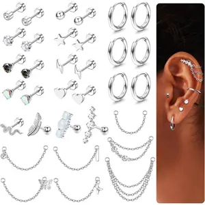 MILACOLATO 20G Piercings Kits, Surgical Steel Flat Pierced Jewelry Set with Artificial Zircon, Opal, Ball Chain, DIY Chains – Hypoallergenic Flat Back Studs, Hoops, Dangles for Conch, Daith, Helix, Tragus (33Pcs)