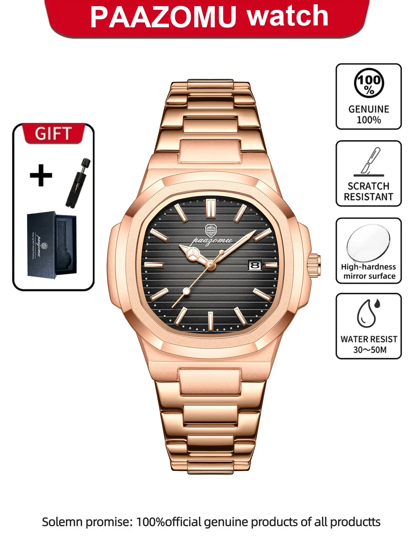 Luxury Paazomu Men's Waterproof Luminous Analog Quartz Watch, Date Display, Elegant Timepiece, Business Stainless Steel Square Watch