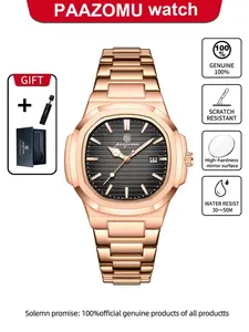 Luxury Paazomu Men's Quartz Watch, Stainless Steel Waterproof Night Glow Date Display, Business Square Men's Clock, Elegant Timepiece
