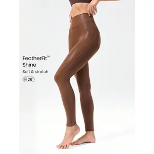 GLOWMODE 26" GlowFlex Foil Faux Leather Fleece Stretchy Sweat-Wicking Pockets Mid-Rise Leggings With Hip Pockets Yoga Pilates Studio Autumn Winter Daily Casual Wear