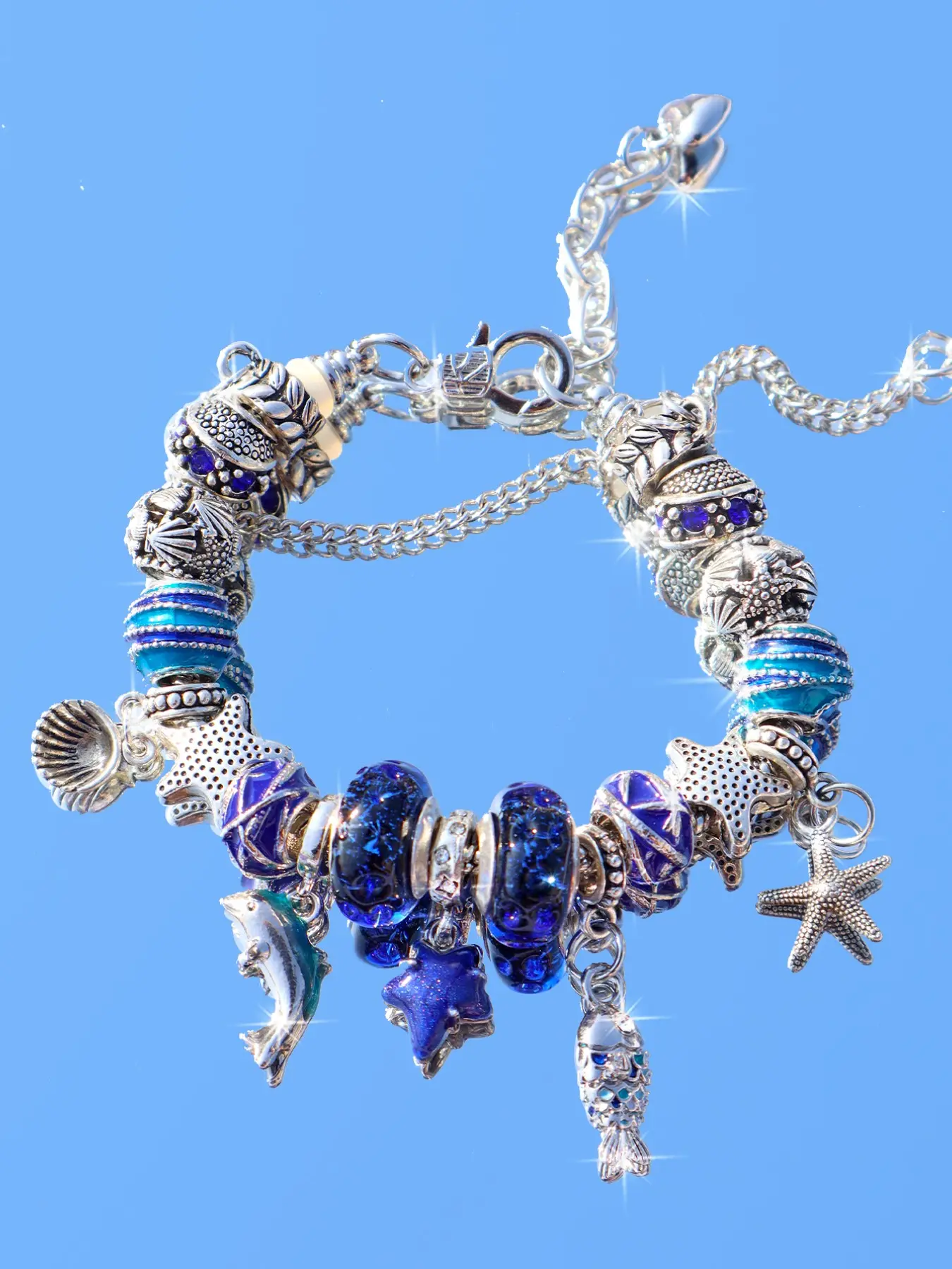 Boho Sea Star Charm Bracelet, Bohemian Bracelets, Blue Shell Dolphin Vacation Bracelet, Dreamy Travel Souvenir, Ocean Style Jewelry for Women