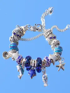 Boho Sea Star Charm Bracelet, Blue Shell Dolphin Vacation Bracelet, Dreamy Travel Souvenir, Ocean Style Jewelry for Women