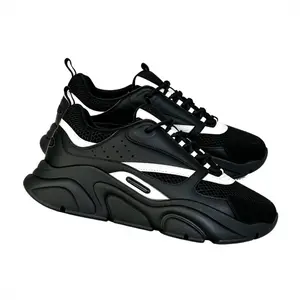 Men's Chunky Black & White Retro Sneakers - Breathable Mesh & Synthetic Leather Athletic Shoes, Thick Cushioned Sole for Street Style, Casual Walking & Daily Training