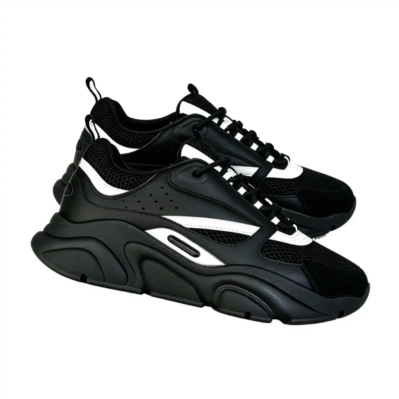 Men's Chunky Black & White Retro Sneakers - Breathable Mesh & Synthetic Leather Athletic Shoes, Thick Cushioned Sole for Street Style, Casual Walking & Daily Training