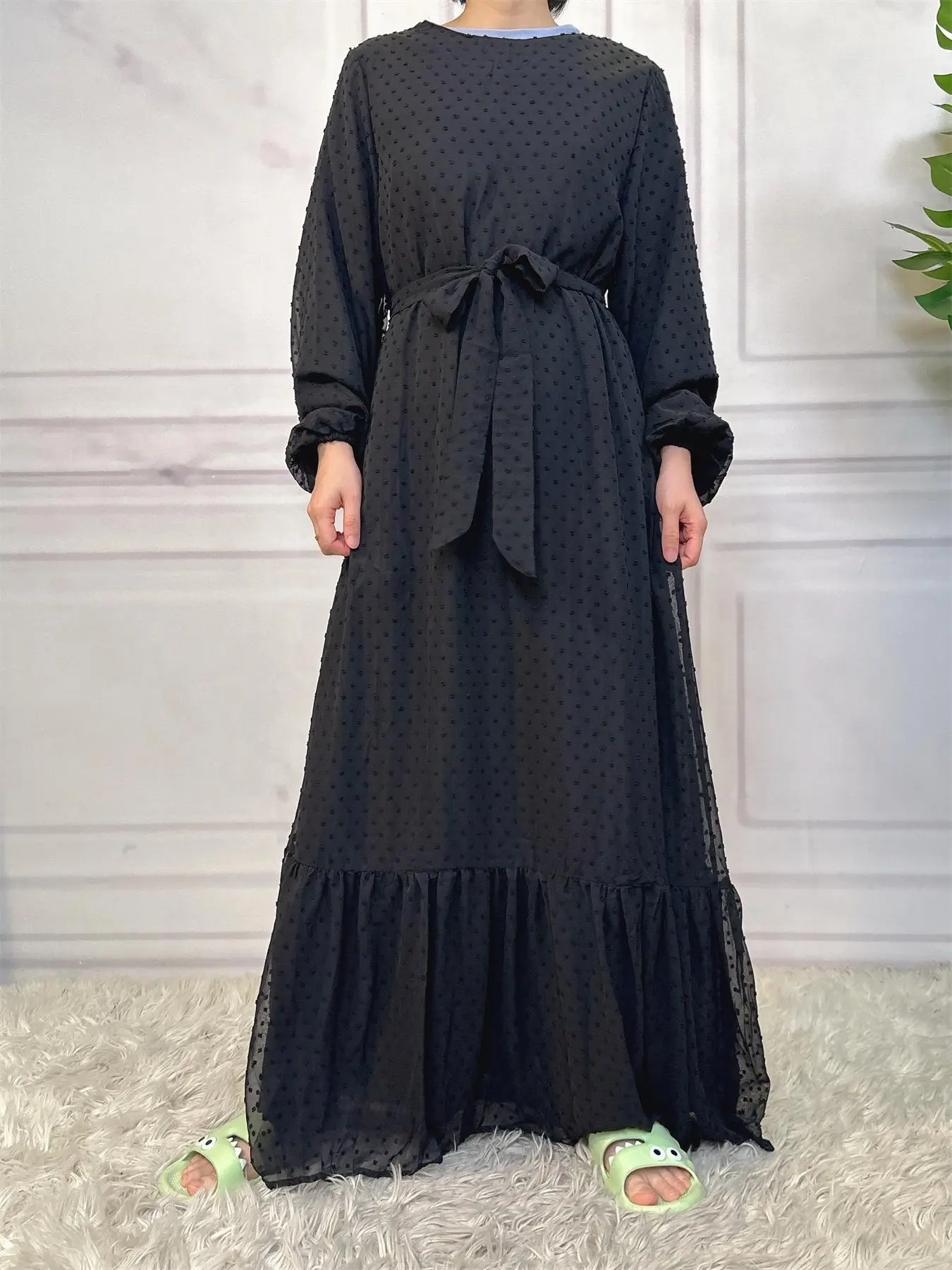 Women's Plain Swiss Dot Belted Ruffle Hem Dress, Modest Bishop Sleeve Zipper Back A Line Dress for Daily Wear, Ladies Clothes for All Seasons