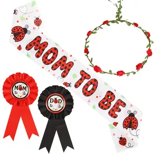 1Set Ladybug Baby Shower Decorations Ladybug Party Favors Mom to Be Sash Red Black Ladybug Mom Dad to Be Button Pin Red Flower Crown Headband for Fancy Ladybug Birthday Party Decorations