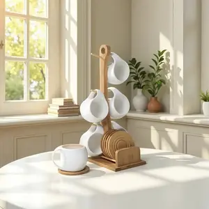 Vertical Hanging 6-Cup Coffee Cup Set with Coaster Storage – Kitchen, Home, Office & Cafe Organizer
