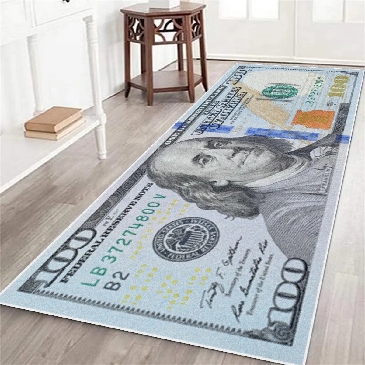 Dollar rug, Home Decorative Rugs, Decorative Rug, Household Decorative Rug, soft non-slip long rug, runner rug, $100 Dollar Bill pattern design, Machine washable, suitable for hallway, kitchen, bedroom, living room, multiple sizes available