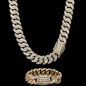 Men’s 15MM Gold Tone Chain & Bracelet Set – Iced Cuban Link Style – 24” Necklace & 8” Bracelet