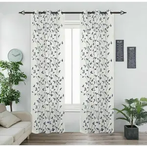 Kate Aurora 2 Pack Floral Leaf Embroidered Grommet Sheer Curtains - 38 in. W x 84 in. L, Navy Blue
