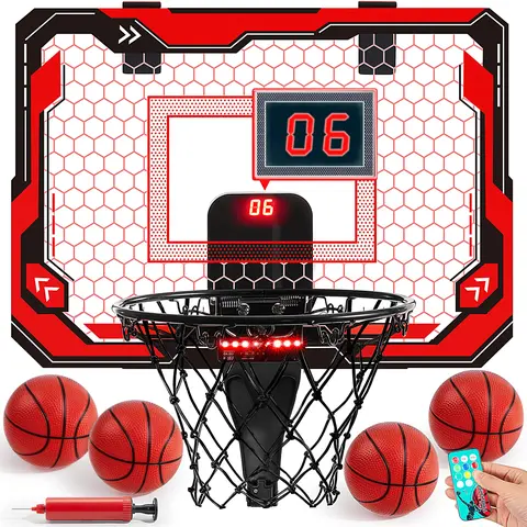 SYNCFUN Mini Basketball Hoop Over The Door LED Indoor Hoop for Kids with Scoreboard 4 Balls Basket Ball Game Toys Gifts for Boys Ages 3 and UP Red