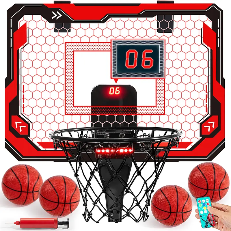 SYNCFUN Mini Basketball Hoop Over The Door LED Indoor Hoop for Kids with Scoreboard 4 Balls Basket Ball Game Toys Gifts for Boys Ages 3 and UP Red