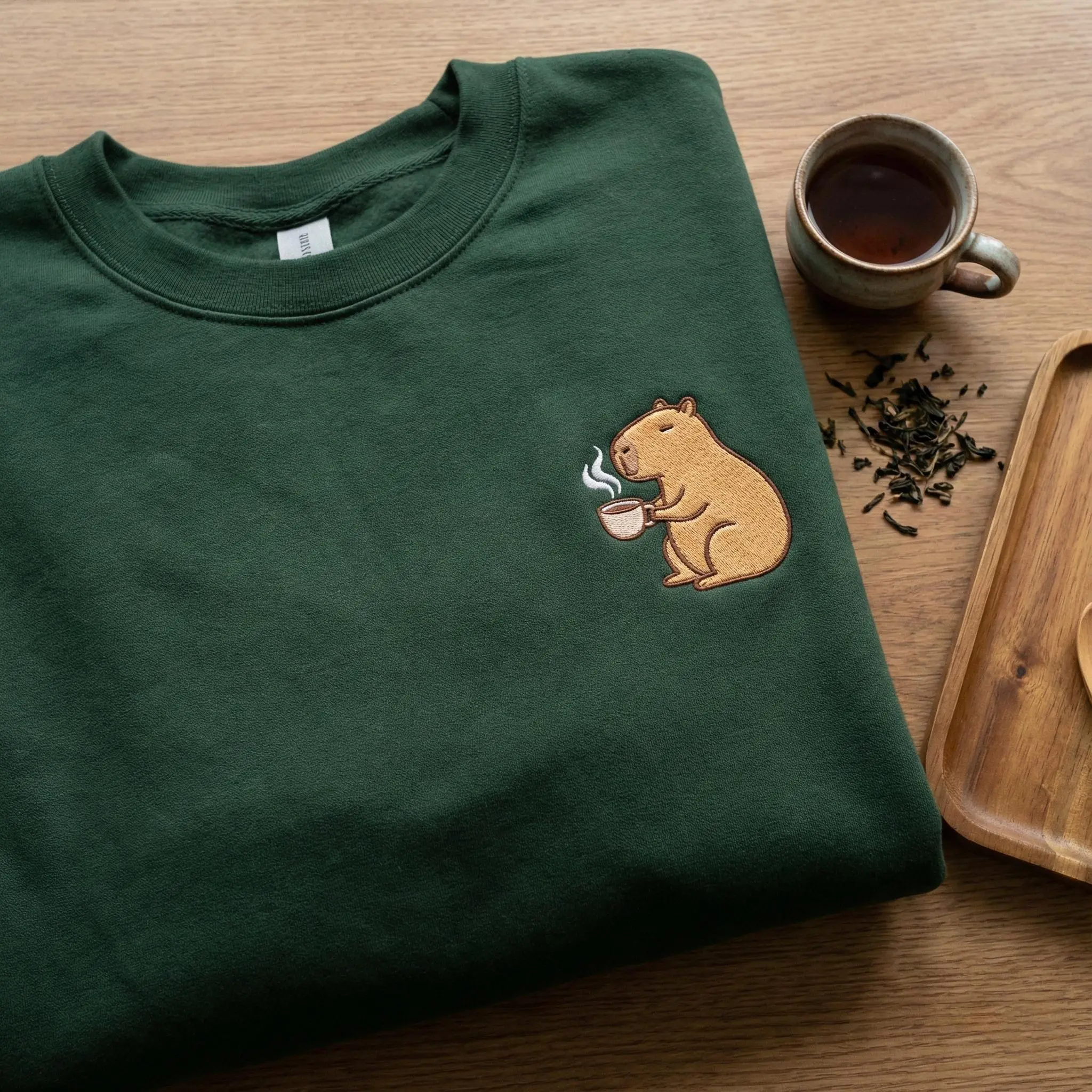 Embroidered Capybara Sweatshirt, Drinking Tea Hoodie, Cozy Animal Shirt, Tea Lover Gift, Coffee Mug Rodent Tee, Cute Aesthetic Crewneck