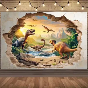 2D graphic design, dinosaur-themed decorative tapestry, made of bright polyester material, suitable for birthday parties, outdoor celebrations and festival events. It serves as both party decoration and dinosaur-themed room decoration function.