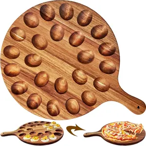 Reversible 24 Holes Round Wooden Acacia Wood Deviled Egg Platter Egg Holder Charcuterie Serving Tray for Kitchen Countertops