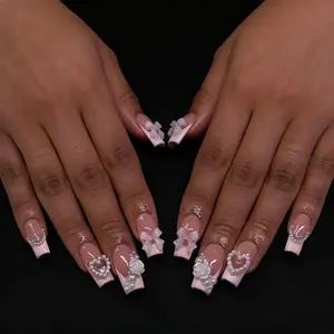 French Tip Press On Nails with Heart Rose Flower Charms Medium Long Square Acrylic False Nails for Women Daily Wear Perfect Valentine's Gift