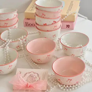 8pcs Bowknot Ceramic Bowl Set, Tableware Set, Includes 4 Bowls and 4 Spoons, Dishwasher Safe, Ideal for Breakfast, Soup, Salad, Yogurt, Dessert, Ice Cream