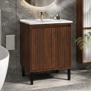 ARCH 24/30/36 Inch Bathroom Vanity with Ceramic Sink, Floor-Standing or Wall-Mounted Cabinet, Soft-Close Doors, MDF Construction, Walnut/Oak/Black Finish Options, Modern Storage Organizer for Bathroom, Laundry Room, or Powder Room