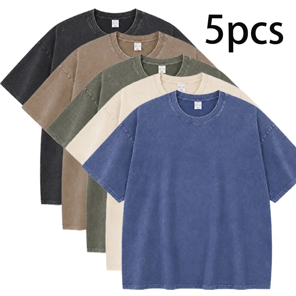 Men's 4/5 Pack Oversized Washed Cotton T-Shirts, Loose Fit Crew Neck Short Sleeve Tees for Streetwear, Travel, Gym, Daily Wear & Summer