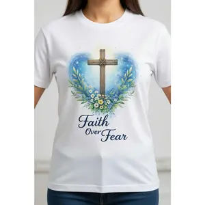 [Sale up to 50%] [Free Ship] Faith Over Fear Christian T-Shirt, Jesus Cross Religious Shirt, Christian Apparel, Women Faith