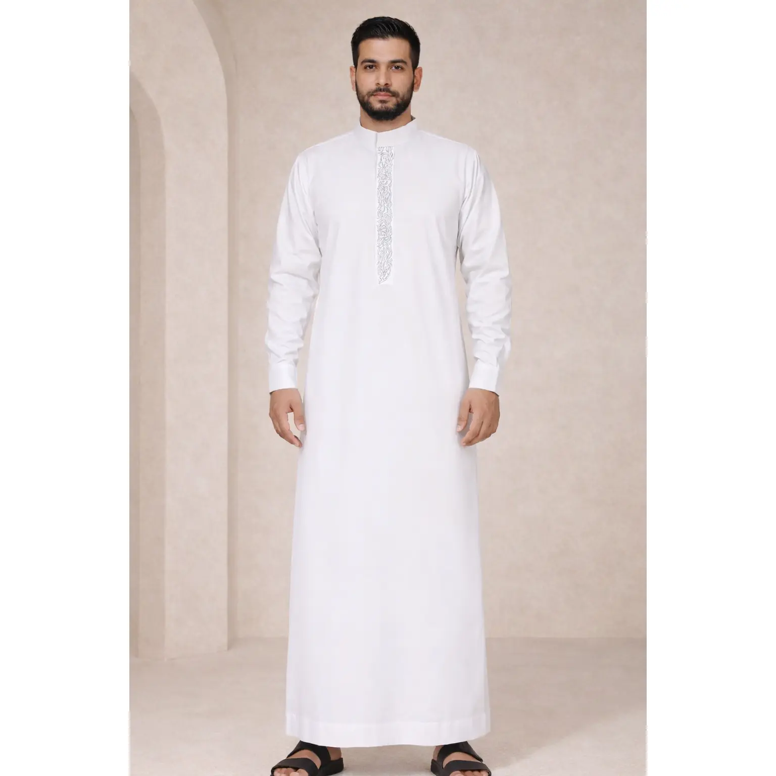 Royal Ivory Silver Embroidered Saudi Thobe - Men