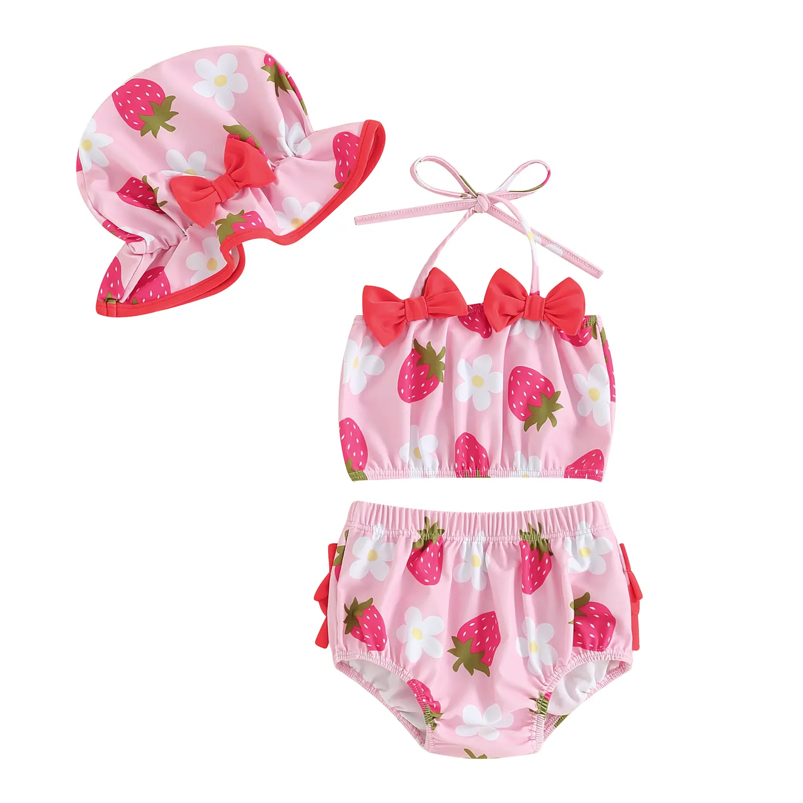 REDWOON Toddler Baby Girl Three Piece Bathing Suit Swimsuit Summer Bikini Top Trunks Shorts with Sun Hat Swimwear