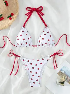 Women's Strawberry Print Bikinis Set, Tie Back Triangle Bikini Top & Tie Side Bottom Set, Summer Clothes Women, Swimsuit Sets, Bathing Suits 2024 for Women, Women's Swimwear for Beach Holiday