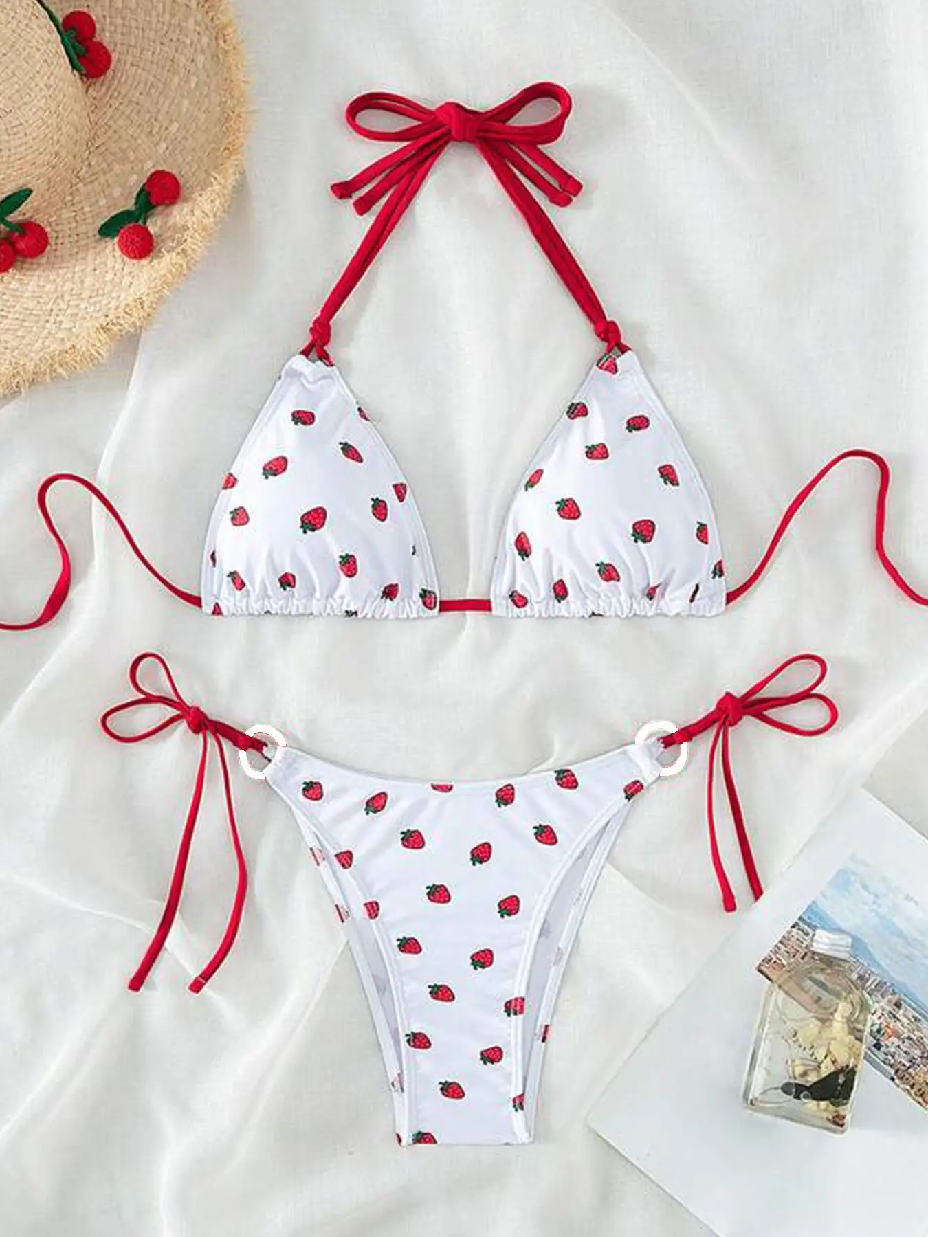 Women's Strawberry Print Bikinis Set, Tie Back Triangle Bikini Top & Tie Side Bottom Set, Summer Clothes Women, Swimsuit Sets, Bathing Suits 2024 for