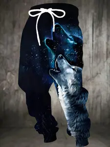 Men's fashion Wolf print jogging pants - casual sportswear pants, with drawstrings and pockets, starry night design, jogging pants