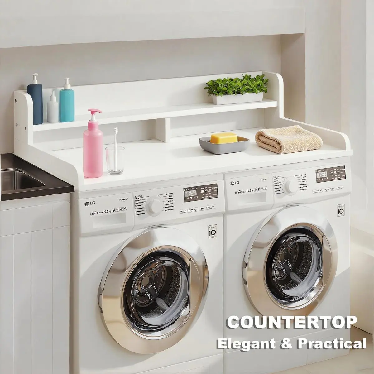 2-Tier Laundry Room Washer and Dryer Countertop, 54" W x 27.5" D x 2.75" H Guard, Durable White Washing Machine Cover & Clothes Folding Topper for Home Organizing Storage Household Appliances Cleaning Machines