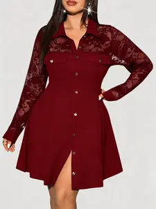Plus Size Wine Lapel Shirt Dress, Lace Transparent Long Sleeve Patchwork, Waist Cinched Split Design, Vintage Elegant Style, Casual Wear