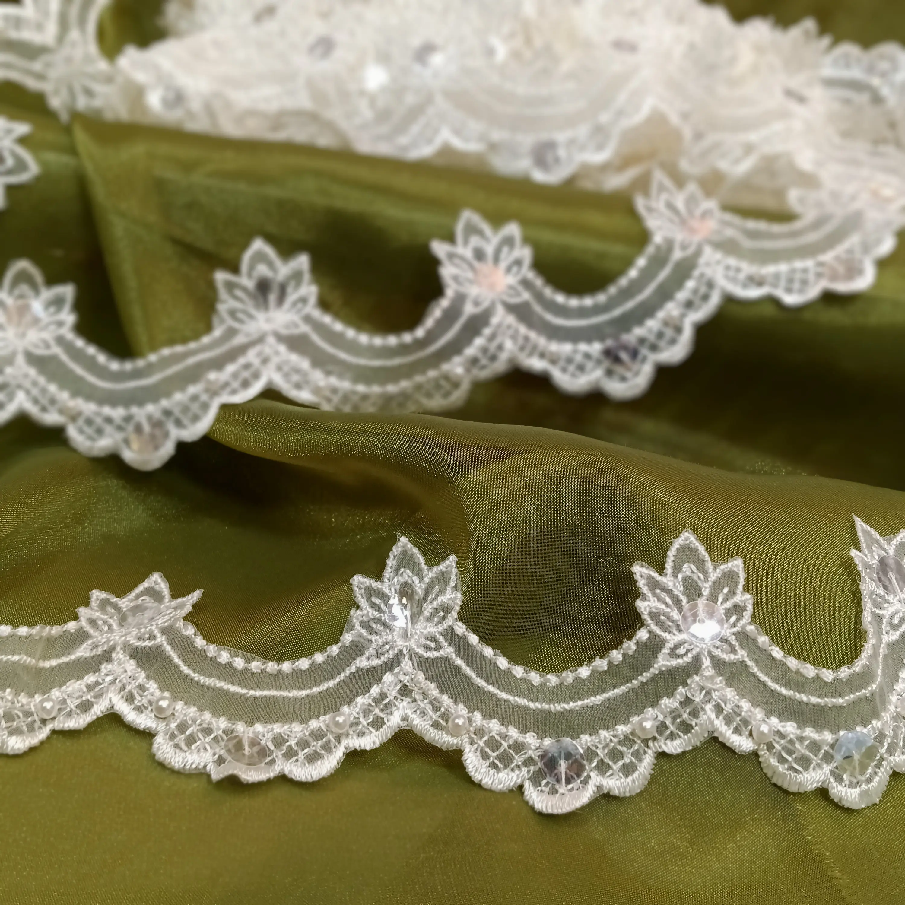 Beaded Floral Embroidered Lace Trim - 2.5" Wide Polyester Organza Fabric with Beading Detail for Wedding Gowns, Dance Costumes, Sold Per Yard, Evening Gowns