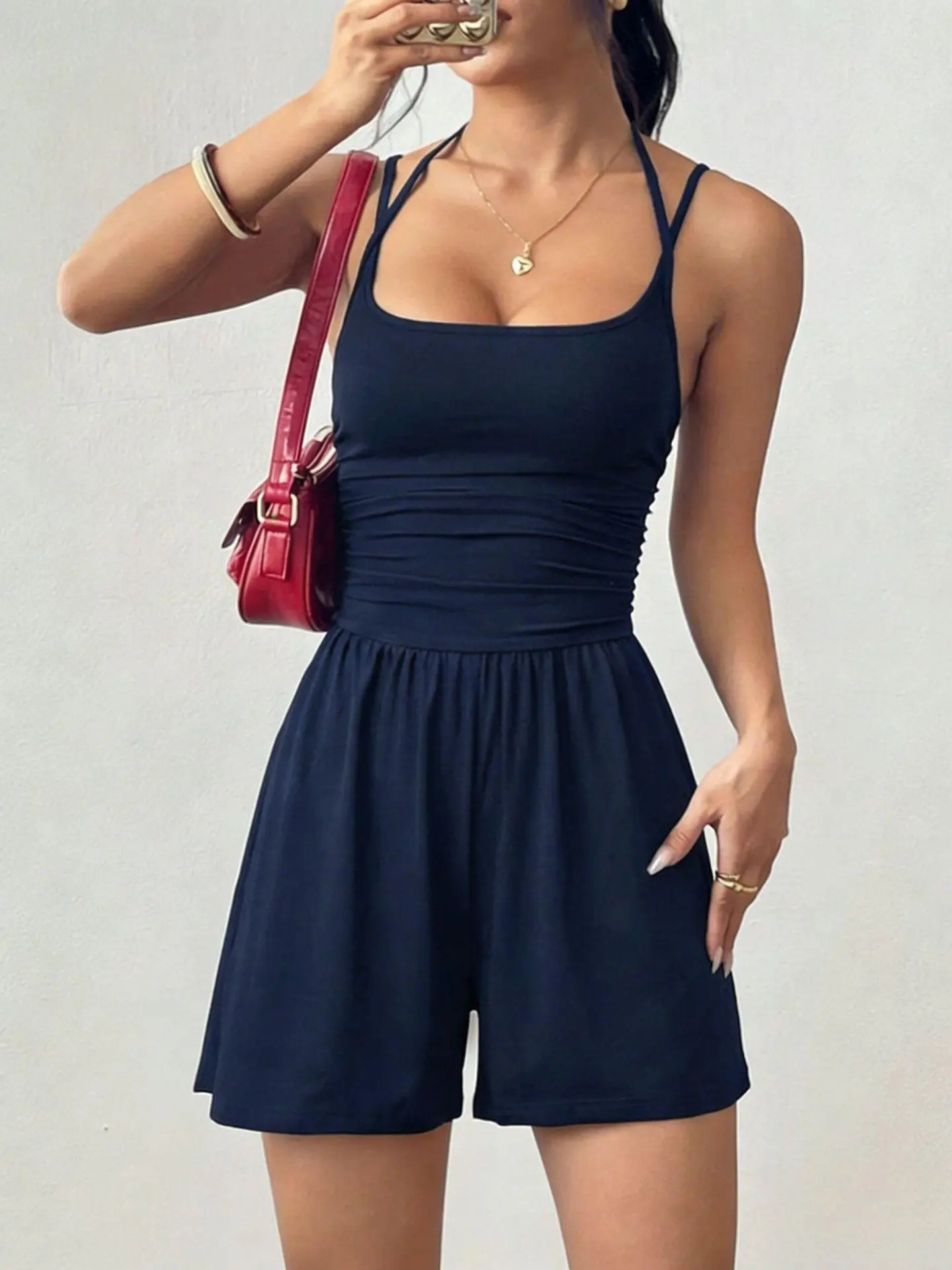 Women’s Summer Solid-Color Thin-Strap Square-Neck Waist-Ruched Stretchy Wide-Leg Casual Jumpsuit & Romper Set