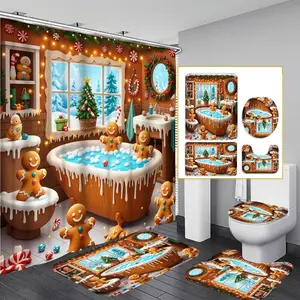 1PC/4PCS 2D Flat Merry Christmas Gingerbread Man Bathroom Patterned shower curtain, home bathroom decor, shower curtain set with 12 hooks, non-slip bathroom rug, U-shaped toilet seat cover, toilet seat mat.