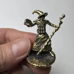 Vintage Brass Fantasy Wizard Statue, Handmade Hat and Staff, Home Office Coffee Shop Decor, Gothic Artistic Art Sculpture, Holiday Decoration
