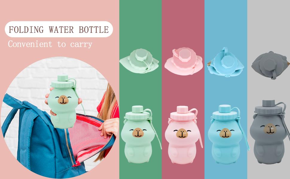 Cute Cartoon Shaped Foldable Water Bottle 500ml, Leakproof Soft Silicone Travel Flask with Handle, Portable Space-Saving Drinking Bottle for Hiking Camping Gym Daily Use