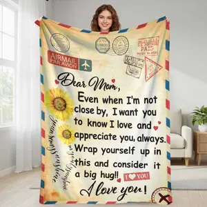 Dear Mom Vintage Airmail Sunflower Flannel Blanket  Love Appreciation Letter Print  Soft Warm Cozy Lightweight  Perfect for Mother's Day Gift  Sofa Throw  Bedroom Decor  Travel Blanket  Family Moments  Holiday Surprise summerwins