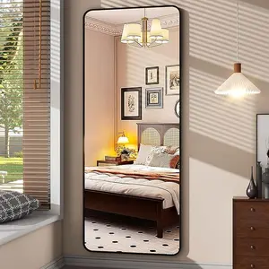 66"x23" Black Floor Full Length Mirror Standing Full Body Rounded Corner Rectangle Mirrors with Stand Hanging Wall Mounted Leaning Bedroom Living Room Bedroom Cloakroom,Mirror Full Length