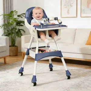 Multi-Function Baby High Chair with Lockable Wheels & Storage Basket | Easy Clean Feeding Seat for Babies & Toddlers detachable (Blue) pu cushion