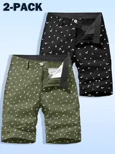 Spring and summer new men's printed button inner belt style random contrasting color cotton shorts 2 packs, front and rear pockets design multi-functional business style men's pants