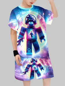 Roblox Xx Eye Block Man Blue Neon Starry Sci-Fi Glow Boy Gaming Set Clothes, Summer Casual Wear, Short Length Cartoon Pattern, Fitted