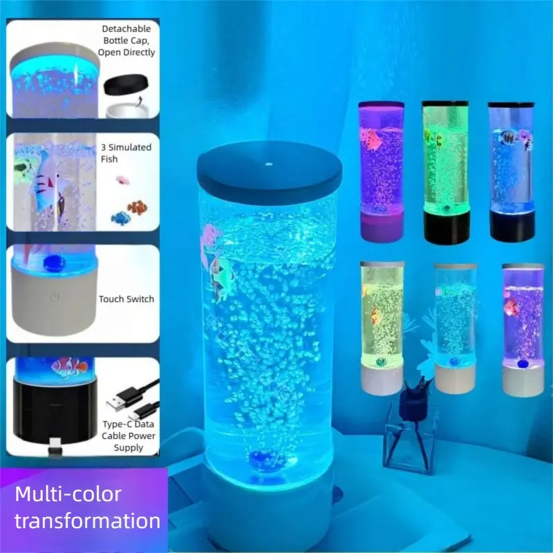 Bubble Fish Simulation LED Seven-Color Bubble Light, Decorative LED Light, Led Lighted, USB Plug-In Night Lamp for Bedroom Atmosphere, Live Fish Tank with Air Pump, Christmas Gift, Decorative Lighting