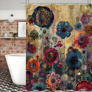 Retro Vintage Flower Mandala Shower Curtain Inch Art Plant Blossom Red Blue Painting Bathroom Set Accessories Decor with 12 Pack Hooks, One piece of retro creative mandala green plant and flower printed waterproof shower curtain home luxury