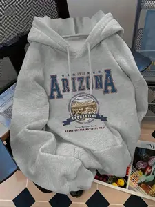 Women's Arizona Letter Print Hoodie, Casual Loose-Fitting Pullover with Drawstring Pocket, Fall & Winter Fashion Sweatshirt