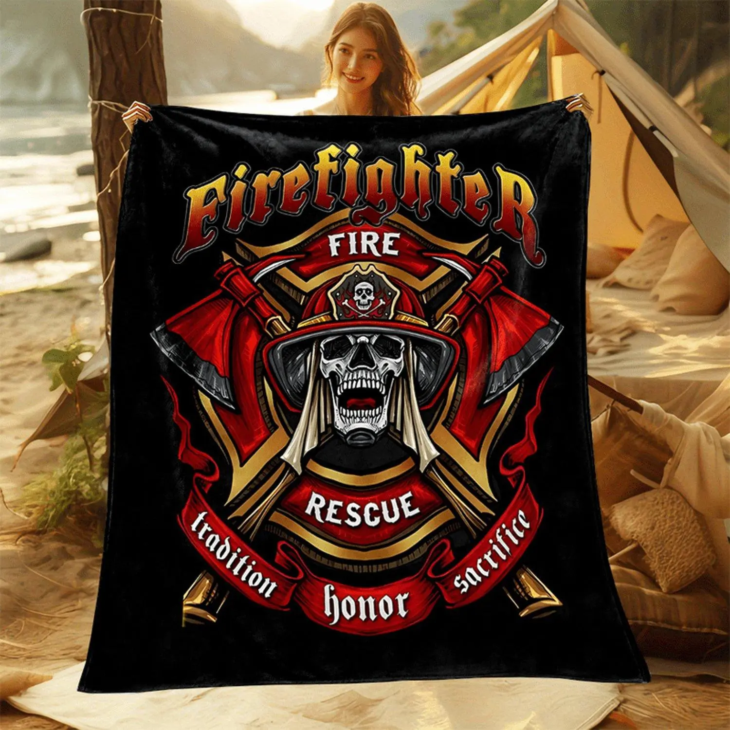 Firefighter Honor Badge Print Soft Flannel Blanket Versatile Reversible for All Seasons Perfect for Bed Sofa Camping Travel Machine Washable Plush Throw Blanket