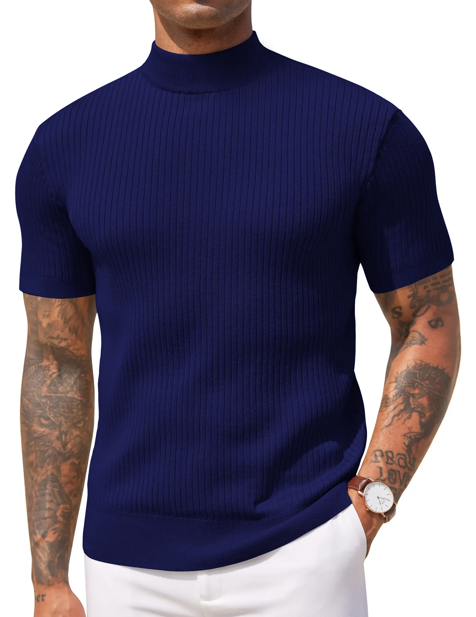 COOFANDY B Men's Mock Turtleneck Sweater Short Sleeve Casual Basic Tops Ribbed Knit Pullover Solid Tee