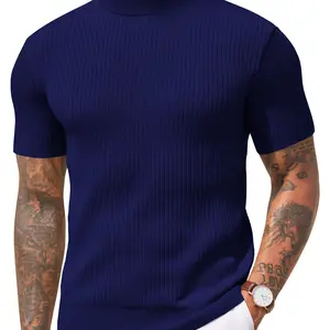 B Men's stand up collar sweater short sleeved casual basic ribbed knitted pullover solid color T-shirt