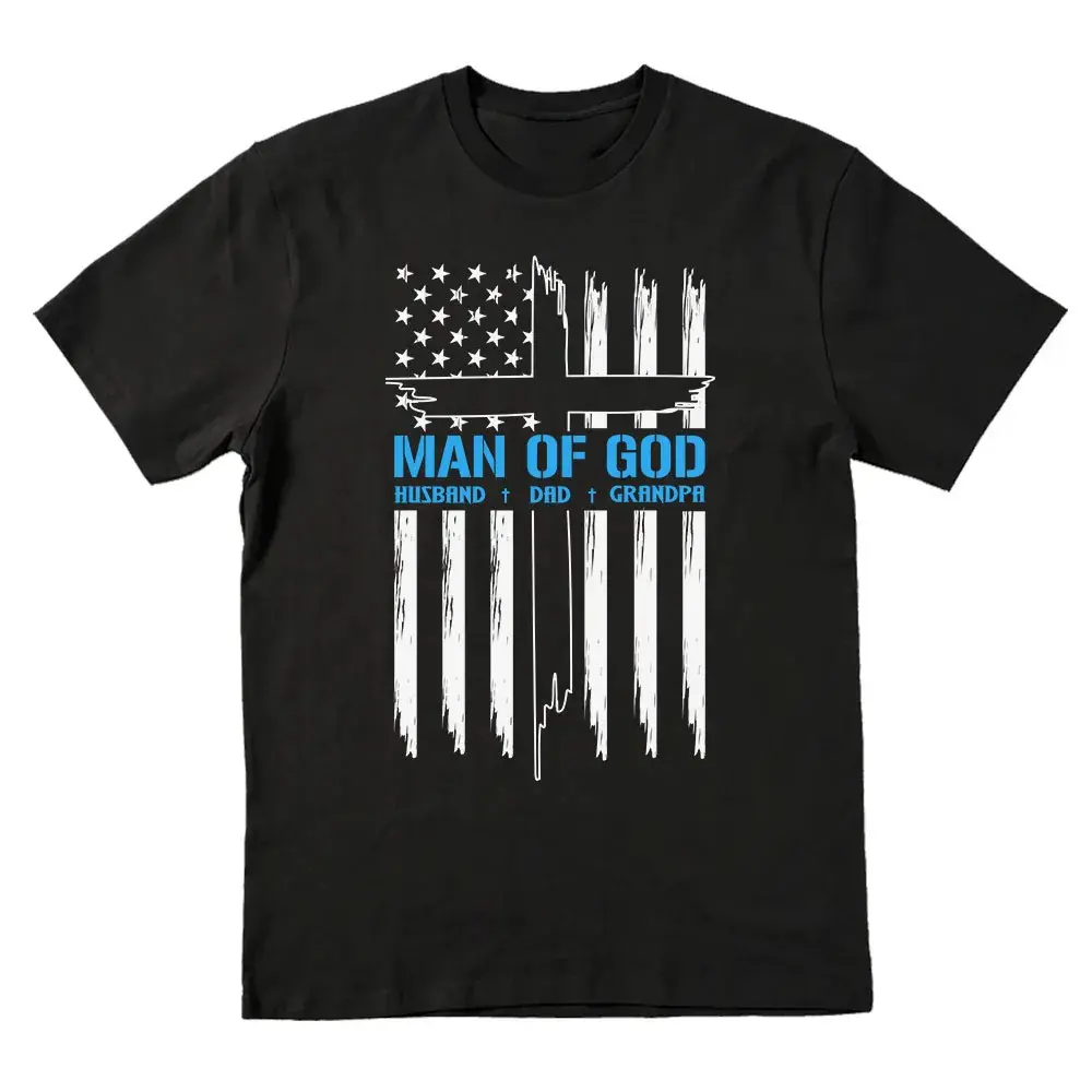 Vintage "Man of God Flag Cross" Graphic Tee - Faith-Based Patriotic Streetwear Black "Husband Dad Grandpa Man of God" Cotton T-Shirt - Religious Men's Casual Top