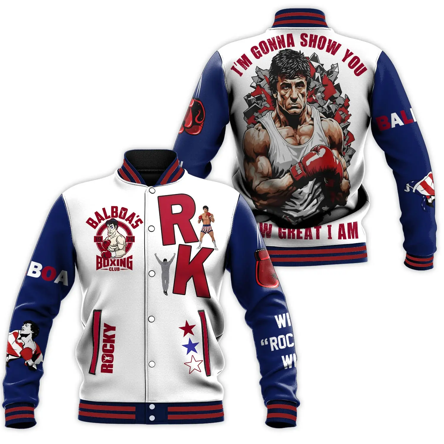 Boxing Club Fighter Rocky Balboa Graphic Printed Varsity Jacket Casual Loose Fit Baseball Jacket Oversized Sporty Outerwear Cool Snap Button Coat For Fall Winter Spring Daily Wear